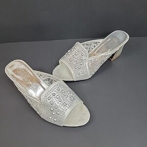Womens Silver Rhinestone Slide Heels Sz 5.5 Open Toe Dress Sandals Preppy  Comfy